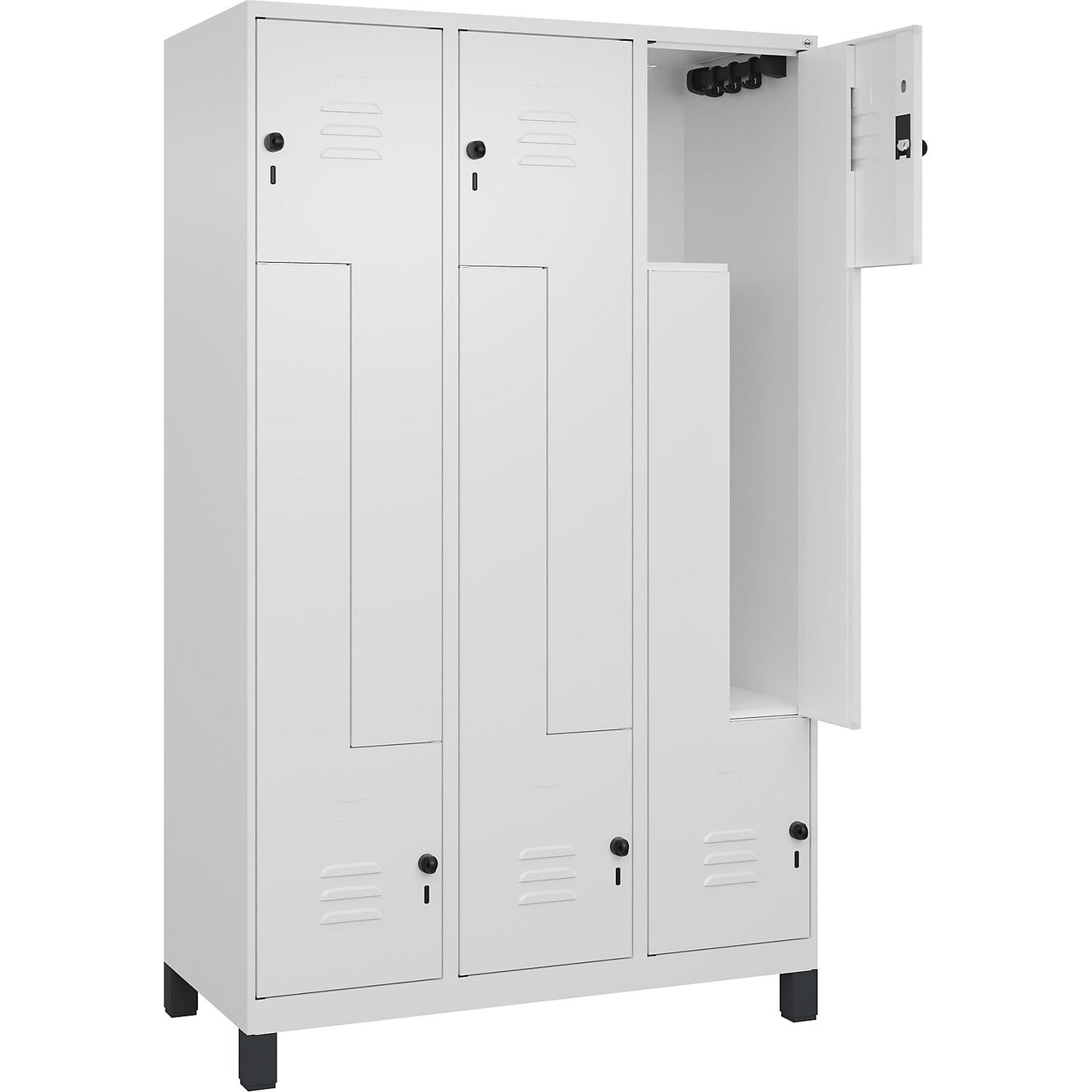Classic PLUS Z locker, 3 compartments, traffic white, W 1200 mm, with feet, rotary bolt.