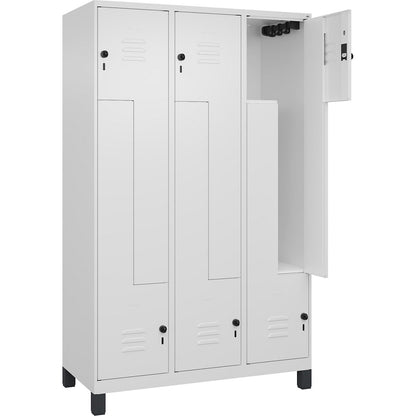 Classic PLUS Z locker, 3 compartments, traffic white, W 1200 mm, with feet, rotary bolt.