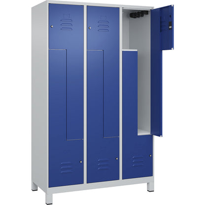 Classic PLUS Z locker, 3 compartments, light grey/gentian blue, W 1200 mm, with feet, cylinder lock.