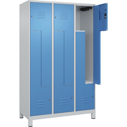 Classic PLUS Z locker, 3 compartments, light grey/light blue, W 1200 mm, with feet, cylinder lock.