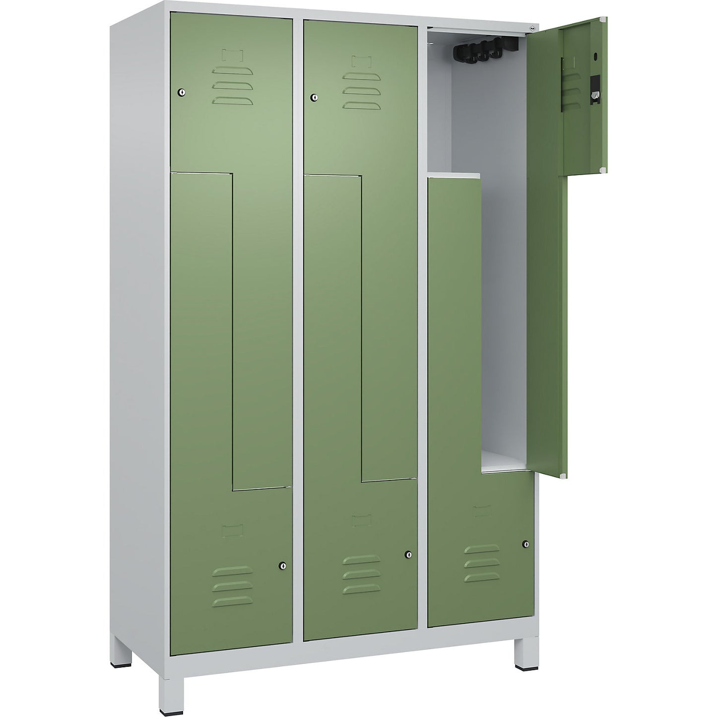 Classic PLUS Z locker, 3 compartments, light grey/reseda green, W 1200 mm, with feet, cylinder lock.