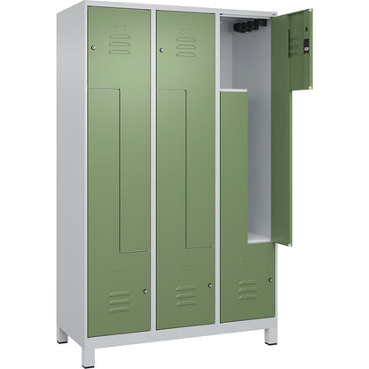 Classic PLUS Z locker, 3 compartments, light grey/reseda green, W 1200 mm, with feet, cylinder lock.