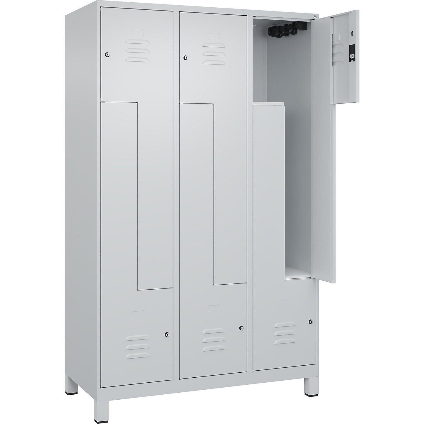 Classic PLUS Z locker, 3 compartments, light grey, W 1200 mm, with feet, cylinder lock.