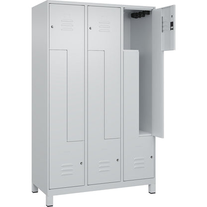 Classic PLUS Z locker, 3 compartments, light grey, W 1200 mm, with feet, cylinder lock.