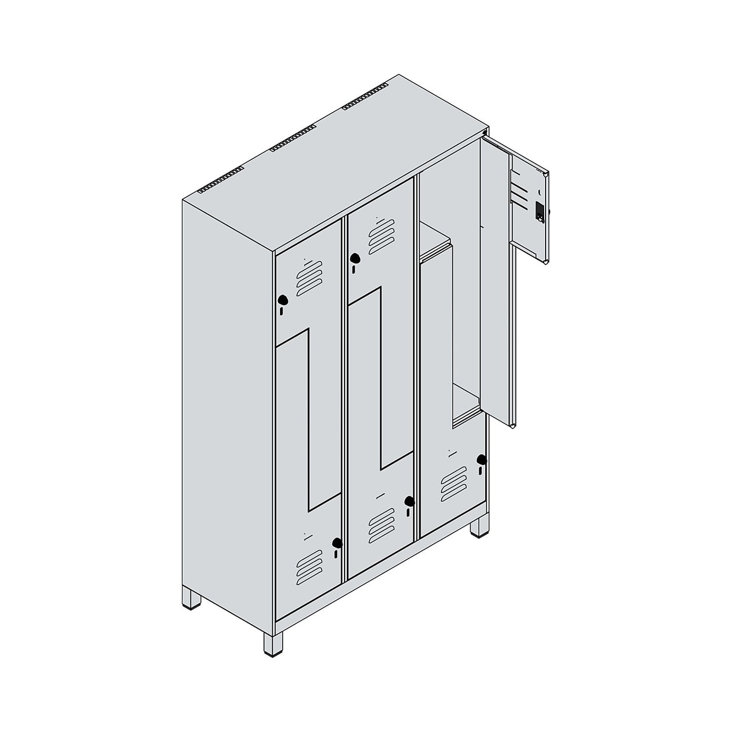 Classic PLUS Z locker, 3 compartments, light grey/gentian blue, W 1200 mm, with feet, rotary bolt.