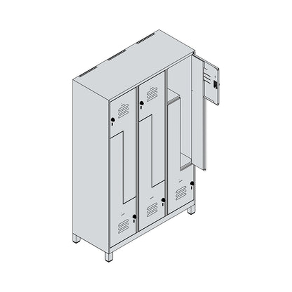 Classic PLUS Z locker, 3 compartments, traffic white, W 1200 mm, with feet, rotary bolt.