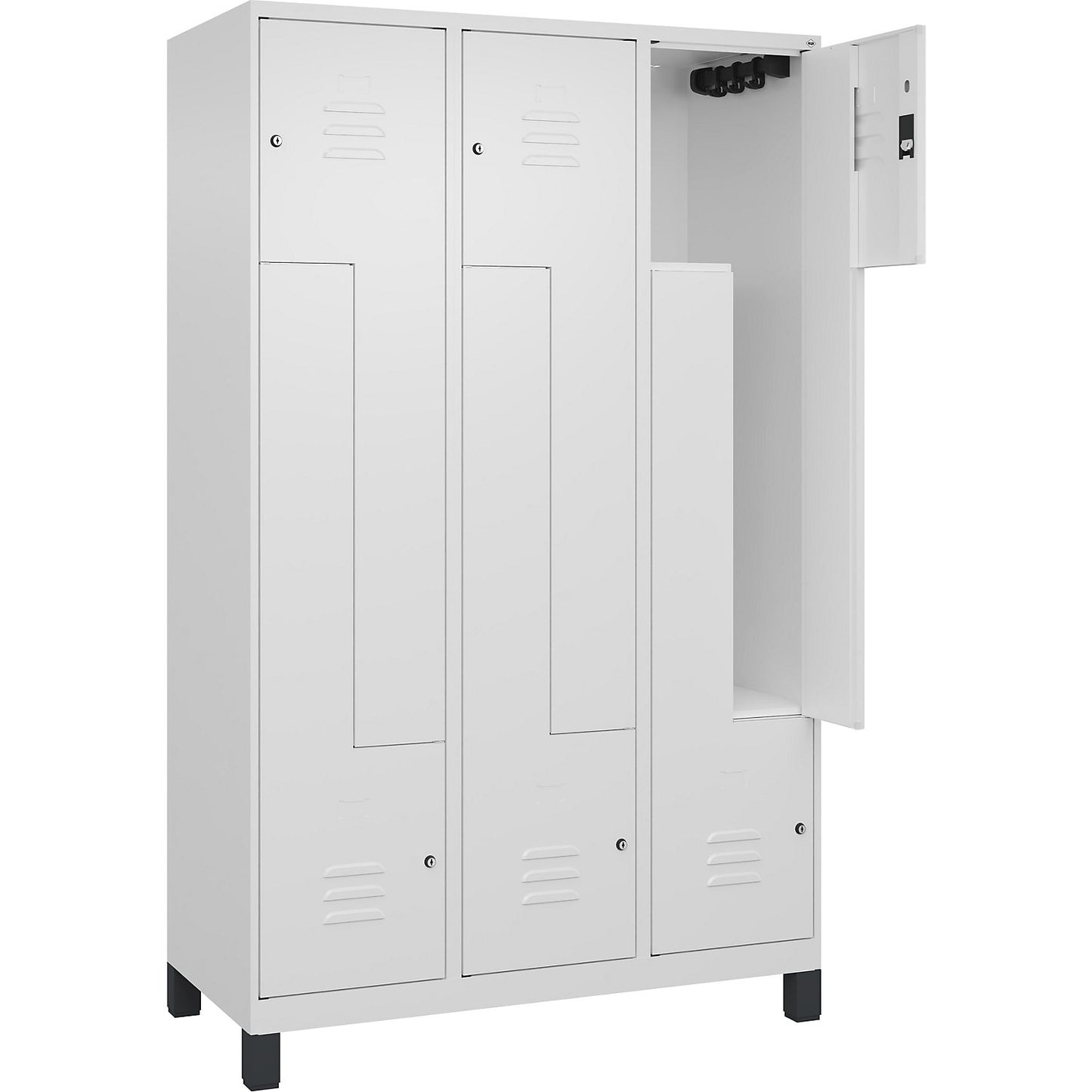 Classic PLUS Z locker, 3 compartments, traffic white, W 1200 mm, with feet, cylinder lock.