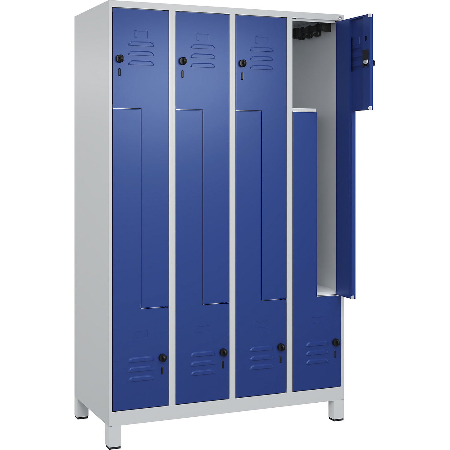 Classic PLUS Z locker, 4 compartments, light grey/gentian blue, W 1200 mm, with feet, rotary bolt.