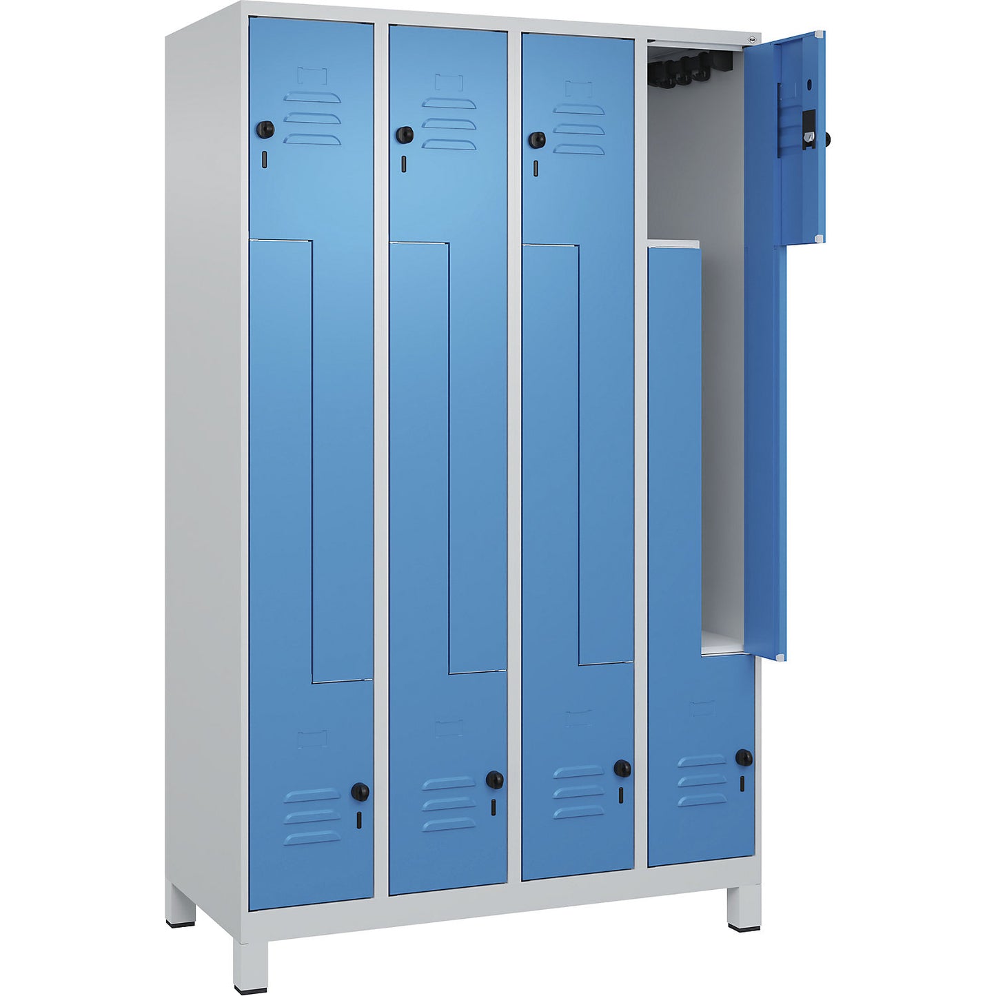 Classic PLUS Z locker, 4 compartments, light grey/light blue, W 1200 mm, with feet, rotary bolt.