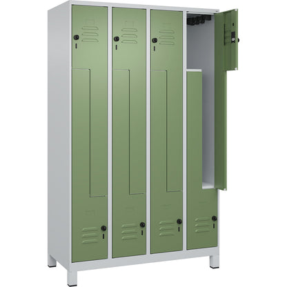 Classic PLUS Z locker, 4 compartments, light grey/reseda green, W 1200 mm, with feet, rotary bolt.
