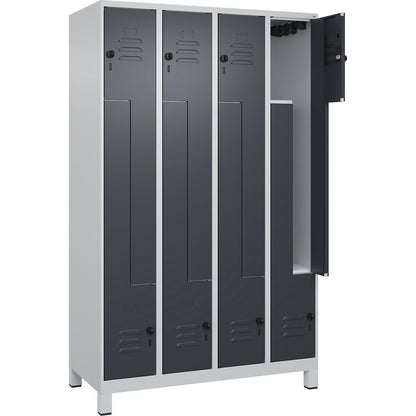 Classic PLUS Z locker, 4 compartments, light grey/grey, W 1200 mm, with feet, rotary bolt.