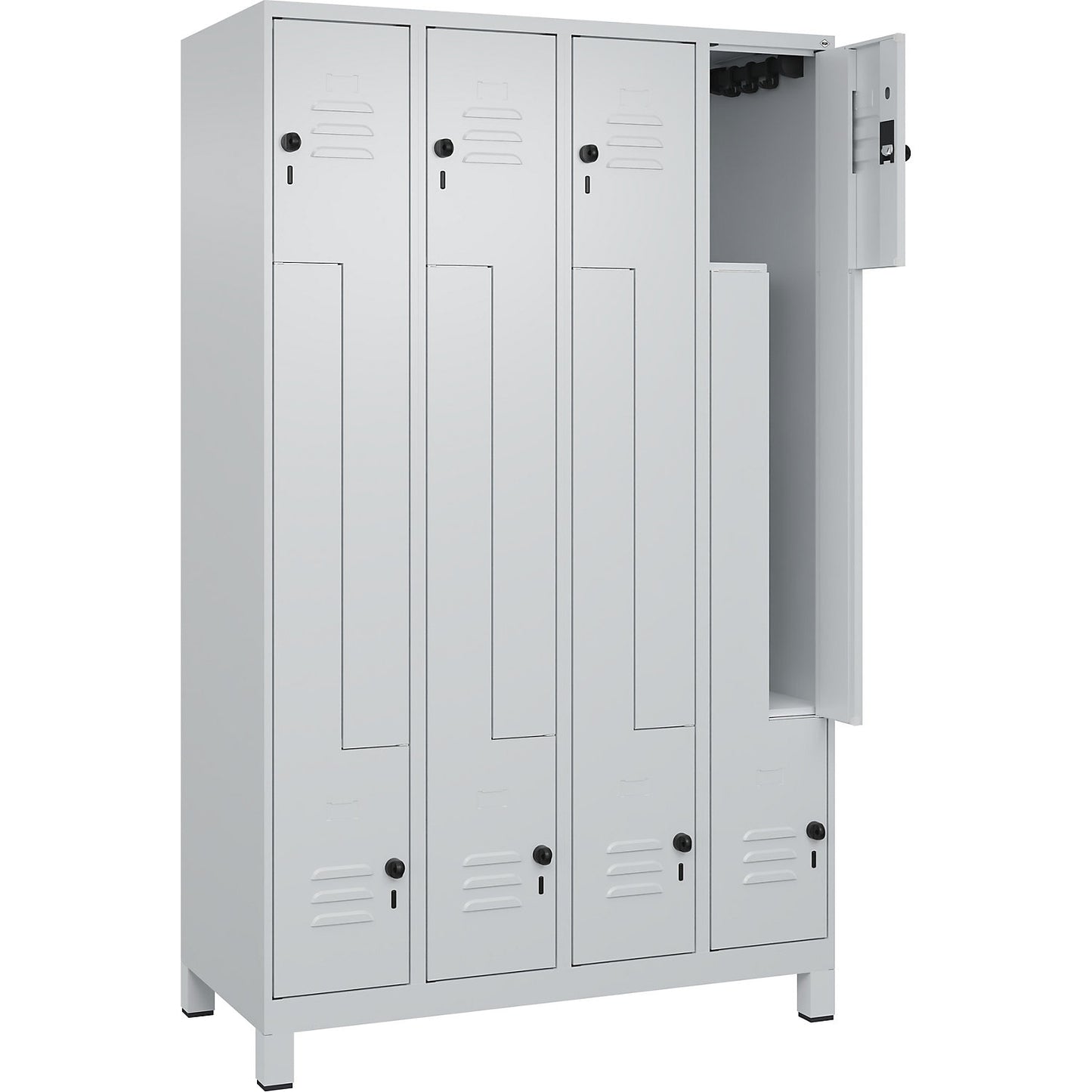 Classic PLUS Z locker, 4 compartments, light grey, W 1200 mm, with feet, rotary bolt.