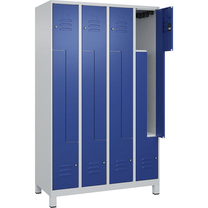 Classic PLUS Z locker, 4 compartments, light grey/gentian blue, W 1200 mm, with feet, cylinder lock.