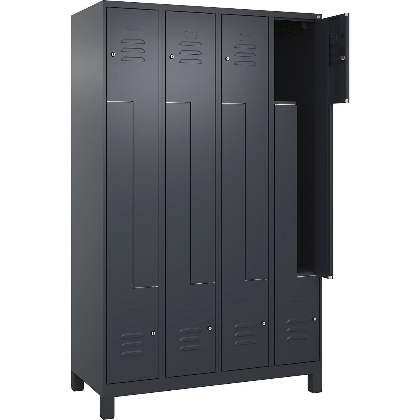 Classic PLUS Z locker, 4 compartments, grey, W 1200 mm, with feet, cylinder lock.