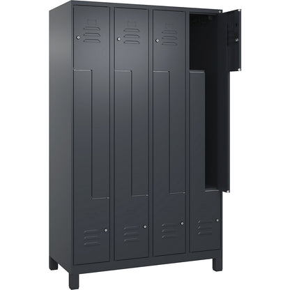 Classic PLUS Z locker, 4 compartments, grey, W 1200 mm, with feet, cylinder lock.