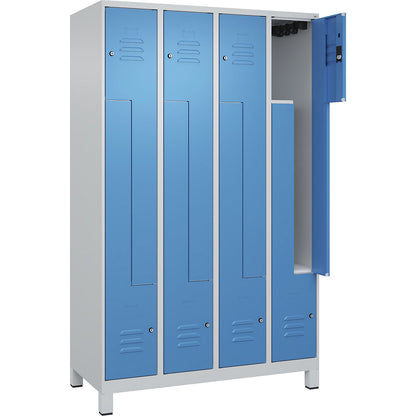 Classic PLUS Z locker, 4 compartments, light grey/light blue, W 1200 mm, with feet, cylinder lock.