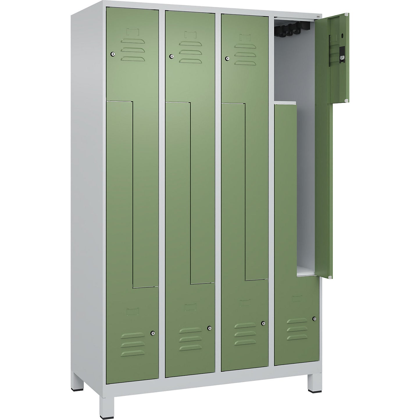 Classic PLUS Z locker, 4 compartments, light grey/reseda green, W 1200 mm, with feet, cylinder lock.