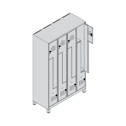 Classic PLUS Z locker, 4 compartments, light grey/light blue, W 1200 mm, with feet, rotary bolt.