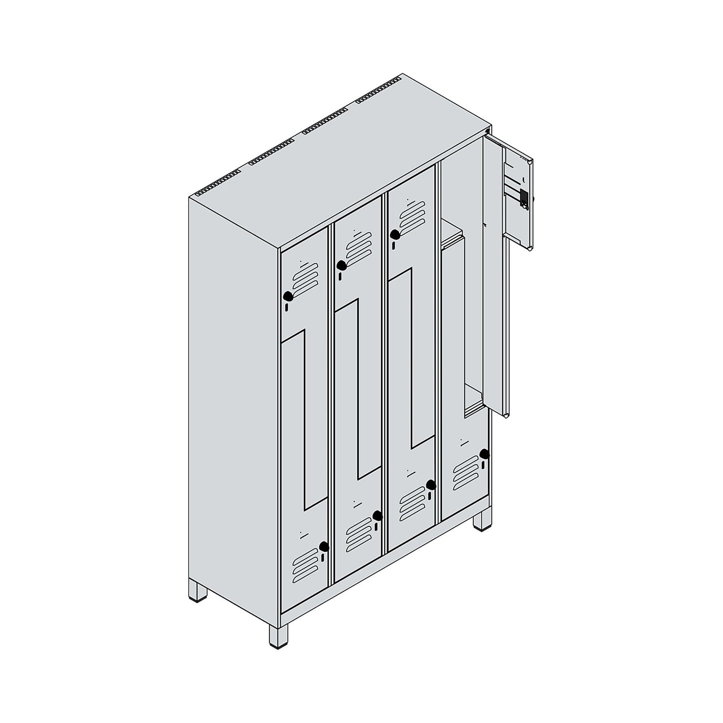 Classic PLUS Z locker, 4 compartments, light grey/reseda green, W 1200 mm, with feet, rotary bolt.