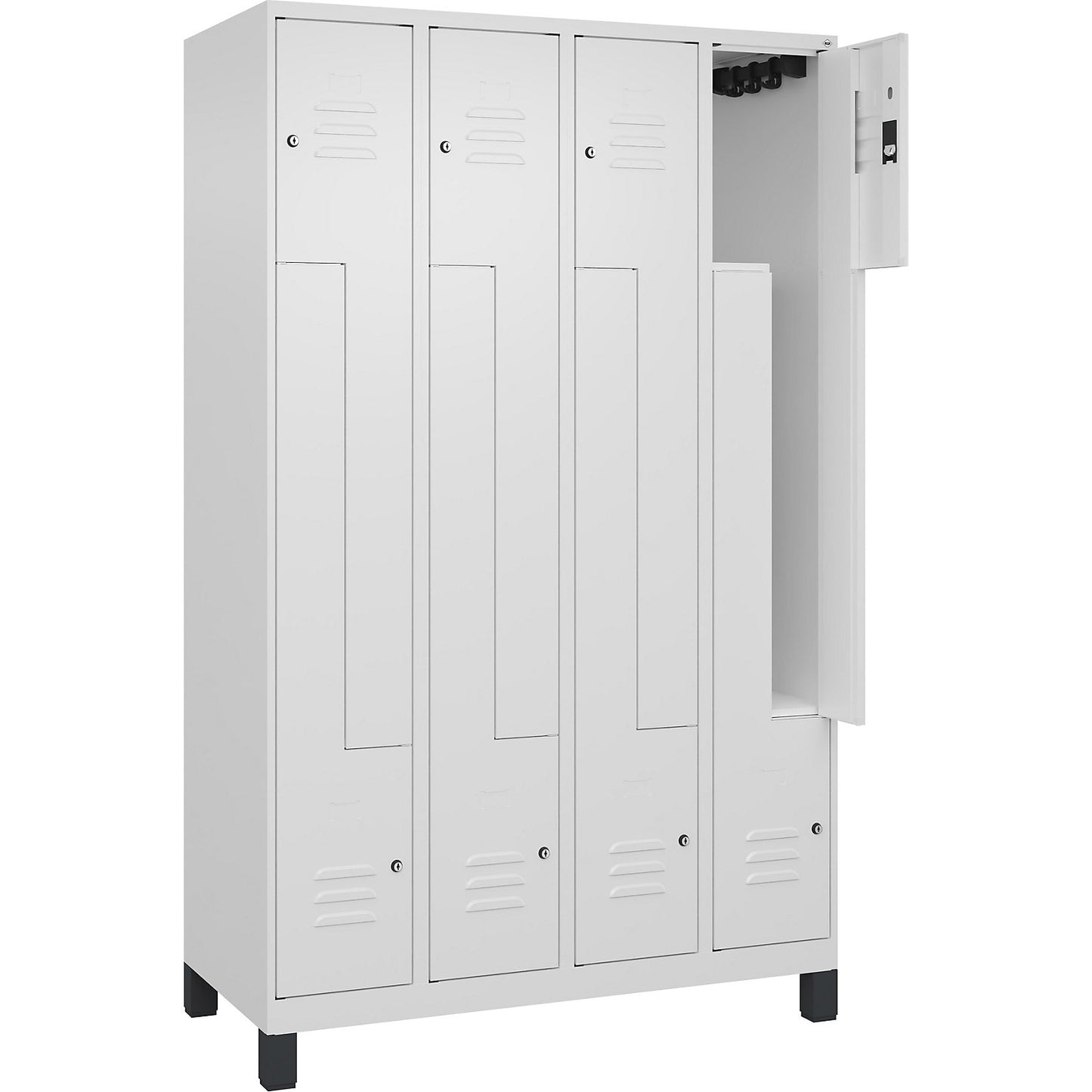 Classic PLUS Z locker, 4 compartments, traffic white, W 1200 mm, with feet, cylinder lock.