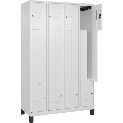 Classic PLUS Z locker, 4 compartments, traffic white, W 1200 mm, with feet, cylinder lock.