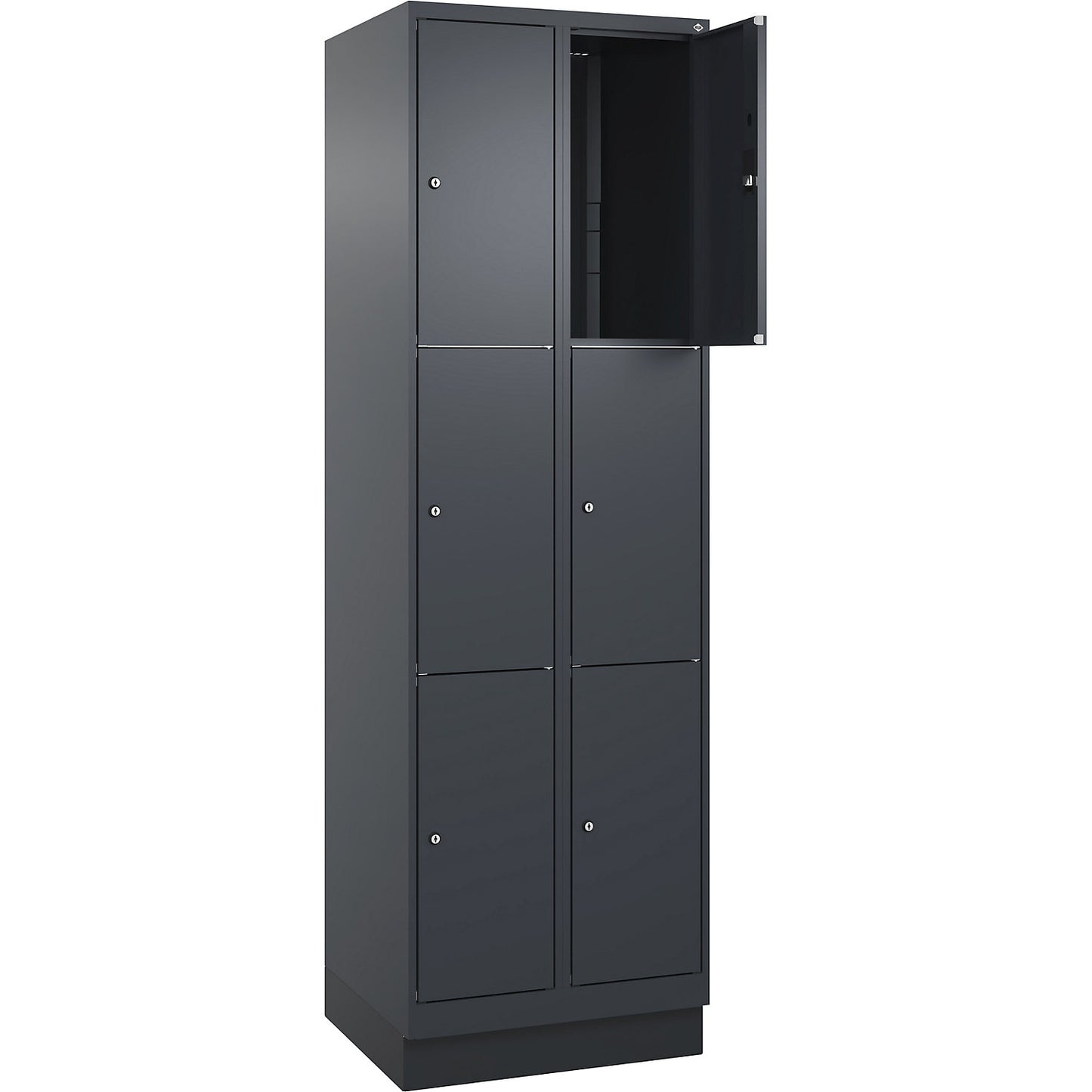 Classic PLUS 3-fold compartment locker, 2 compartments, grey, W 600 mm, 6 compartments, with base plinth.