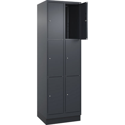 Classic PLUS 3-fold compartment locker, 2 compartments, grey, W 600 mm, 6 compartments, with base plinth.