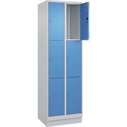 Classic PLUS 3-fold compartment locker, 2 compartments, light grey/light blue, W 600 mm, 6 compartments, with base plinth.