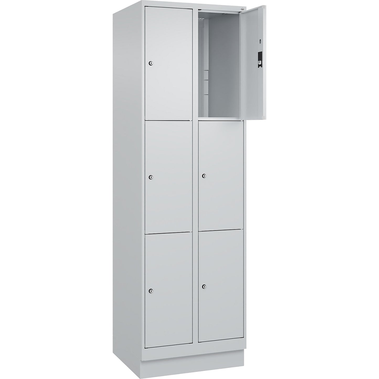 Classic PLUS 3-fold compartment locker, 2 compartments, light grey, W 600 mm, 6 compartments, with base plinth.