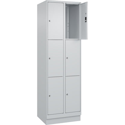 Classic PLUS 3-fold compartment locker, 2 compartments, light grey, W 600 mm, 6 compartments, with base plinth.