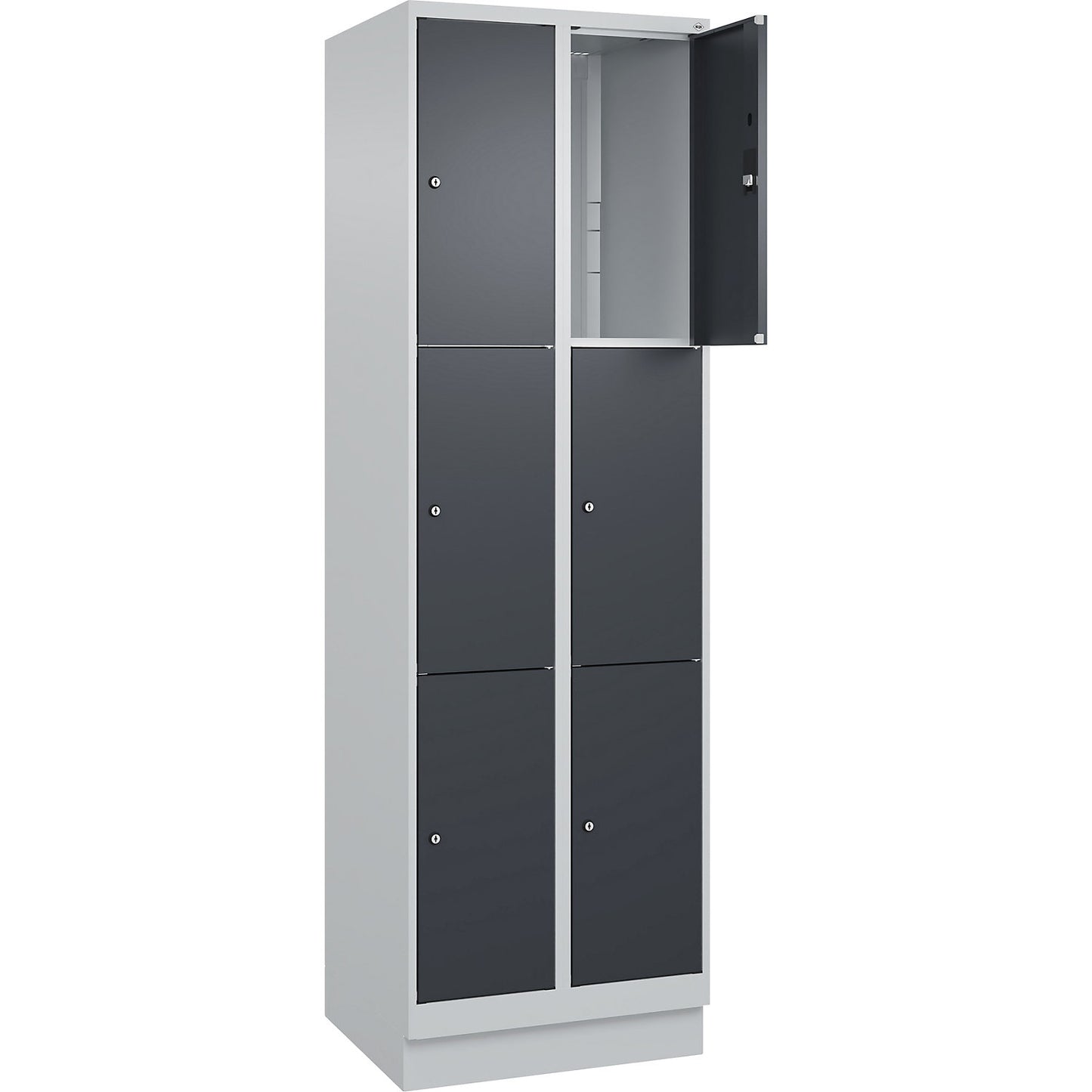 Classic PLUS 3-fold compartment locker, 2 compartments, light grey/grey, W 600 mm, 6 compartments, with base plinth.