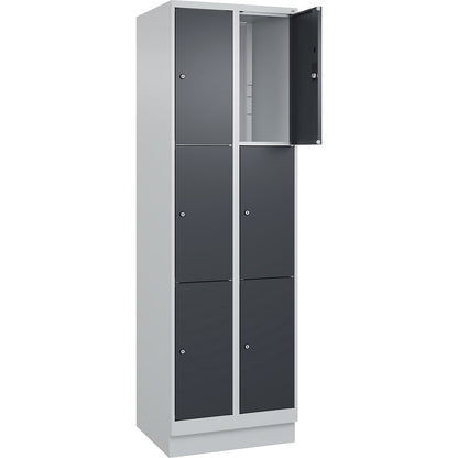 Classic PLUS 3-fold compartment locker, 2 compartments, light grey/grey, W 600 mm, 6 compartments, with base plinth.