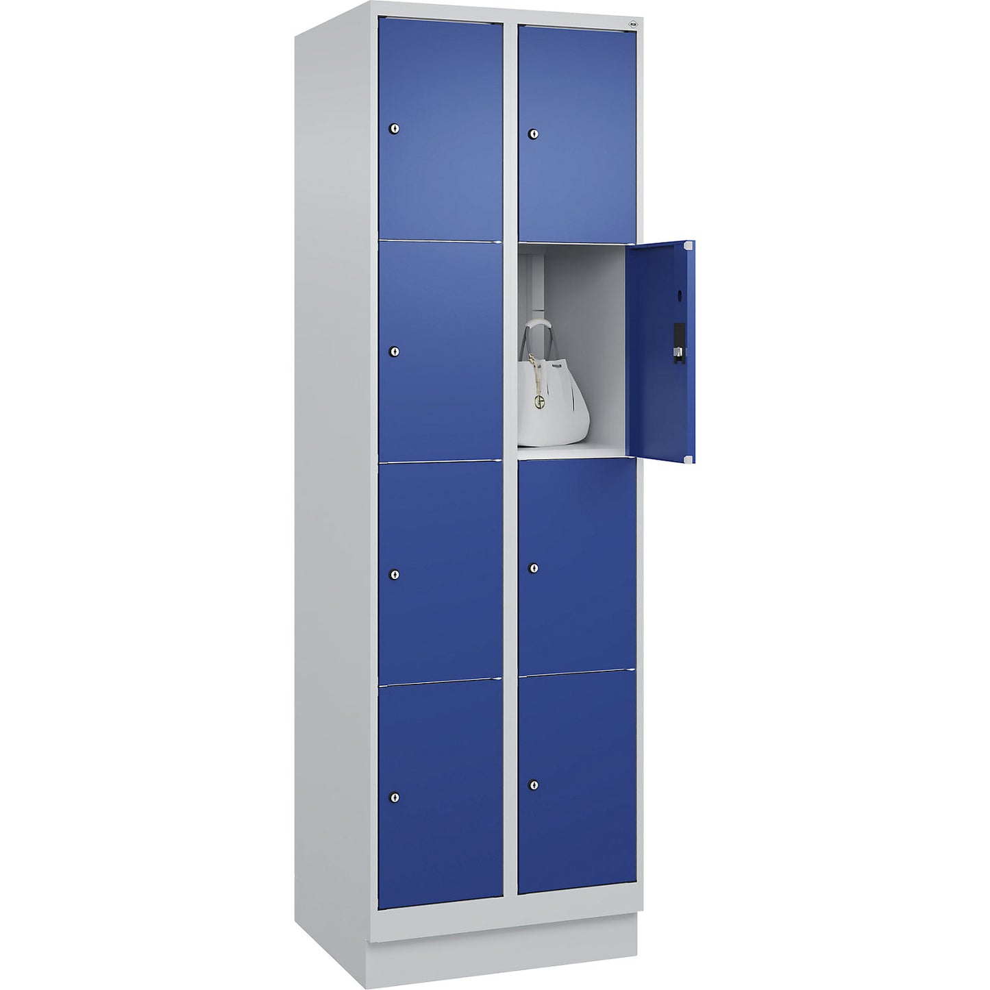 Classic PLUS 4-fold compartment locker, 2 compartments, light grey/gentian blue, W 600 mm, 8 compartments, with base plinth.