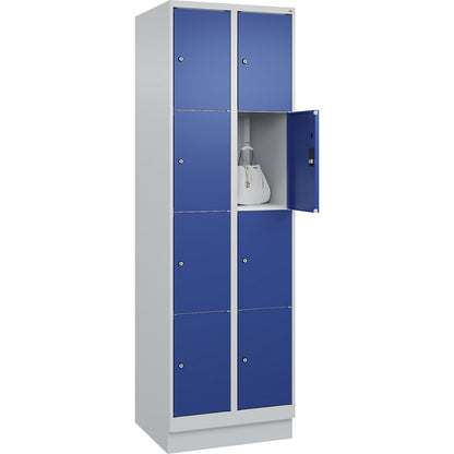 Classic PLUS 4-fold compartment locker, 2 compartments, light grey/gentian blue, W 600 mm, 8 compartments, with base plinth.