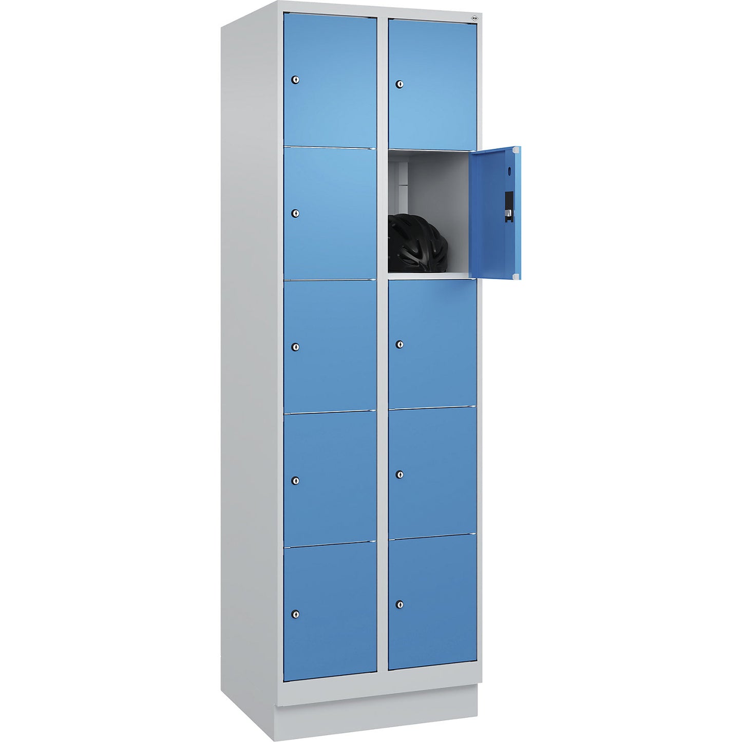 Classic PLUS 5-fold compartment locker, 2 compartments, light grey/light blue, W 600 mm, 10 compartments, with base plinth.