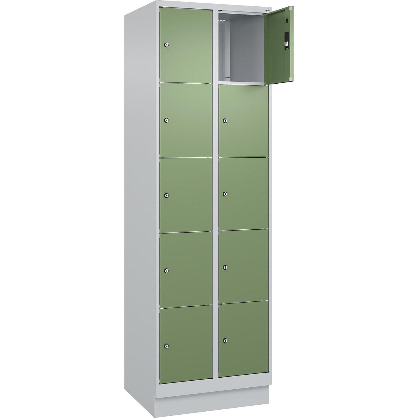 Classic PLUS 5-fold compartment locker, 2 compartments, light grey/reseda green, W 600 mm, 10 compartments, with base plinth.
