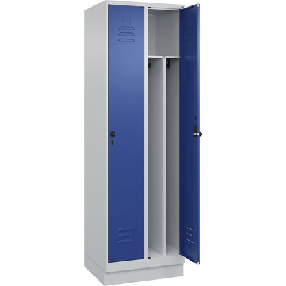 Classic PLUS clean and dirty clothes locker, narrow, 2 compartments, shortened centre divider, light grey/gentian blue, W 600 mm, with base plinth, rotary bolt, centre partition.