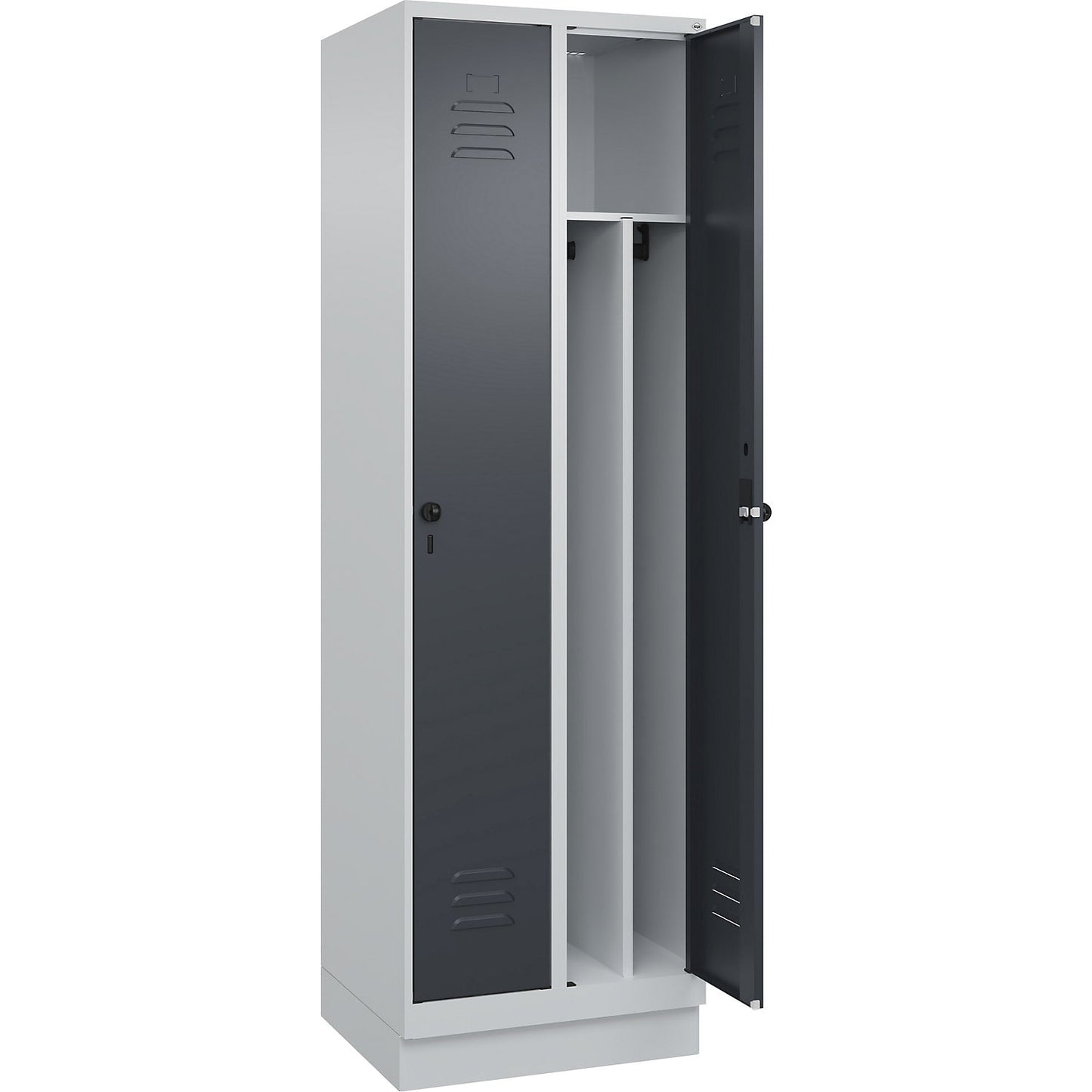 Classic PLUS clean and dirty clothes locker, narrow, 2 compartments, shortened centre divider, light grey/grey, W 600 mm, with base plinth, rotary bolt, centre partition.