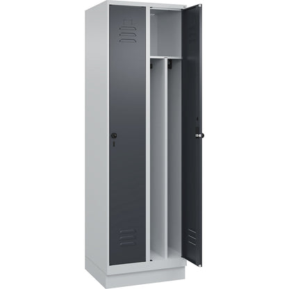 Classic PLUS clean and dirty clothes locker, narrow, 2 compartments, shortened centre divider, light grey/grey, W 600 mm, with base plinth, rotary bolt, centre partition.