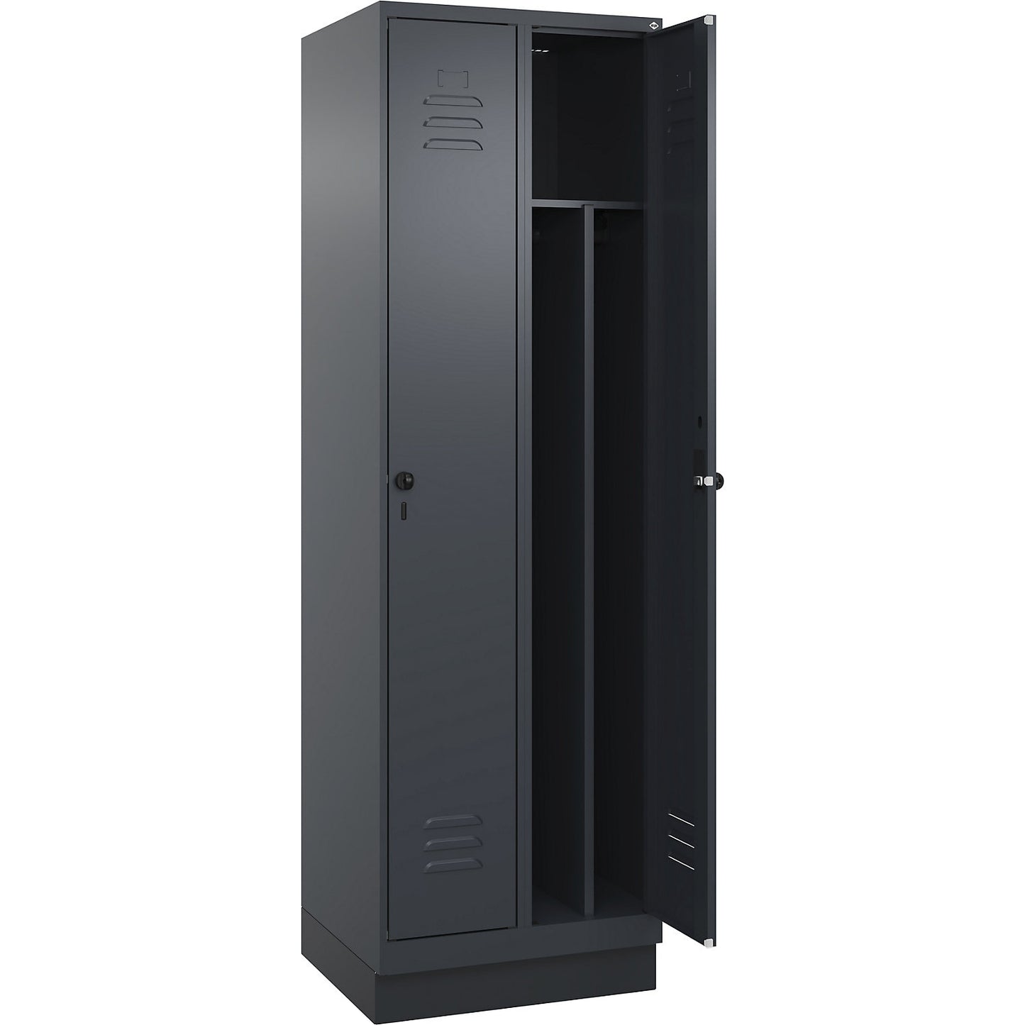 Classic PLUS clean and dirty clothes locker, narrow, 2 compartments, shortened centre divider, grey, W 600 mm, with base plinth, rotary bolt, centre partition.