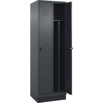 Classic PLUS clean and dirty clothes locker, narrow, 2 compartments, shortened centre divider, grey, W 600 mm, with base plinth, rotary bolt, centre partition.