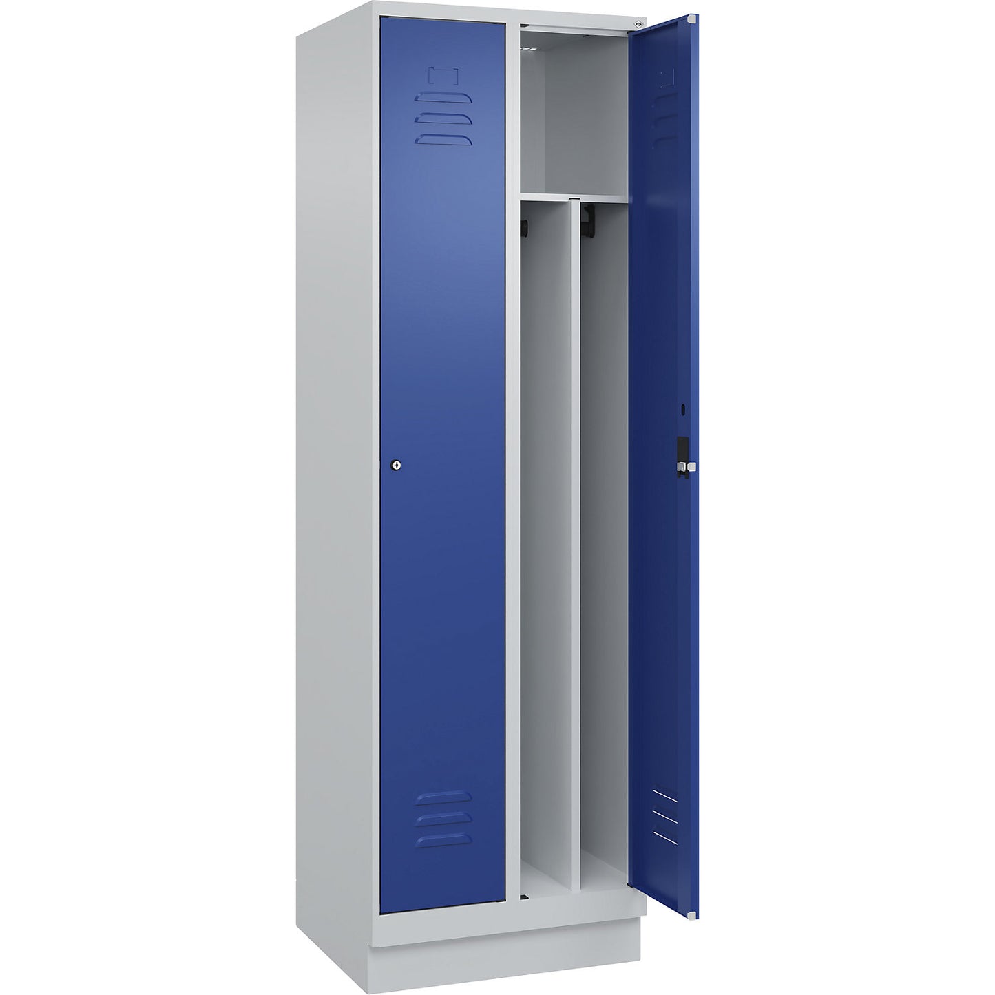 Classic PLUS clean and dirty clothes locker, narrow, 2 compartments, shortened centre divider, light grey/gentian blue, W 600 mm, with base plinth, cylinder lock, centre partition.
