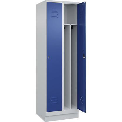 Classic PLUS clean and dirty clothes locker, narrow, 2 compartments, shortened centre divider, light grey/gentian blue, W 600 mm, with base plinth, cylinder lock, centre partition.