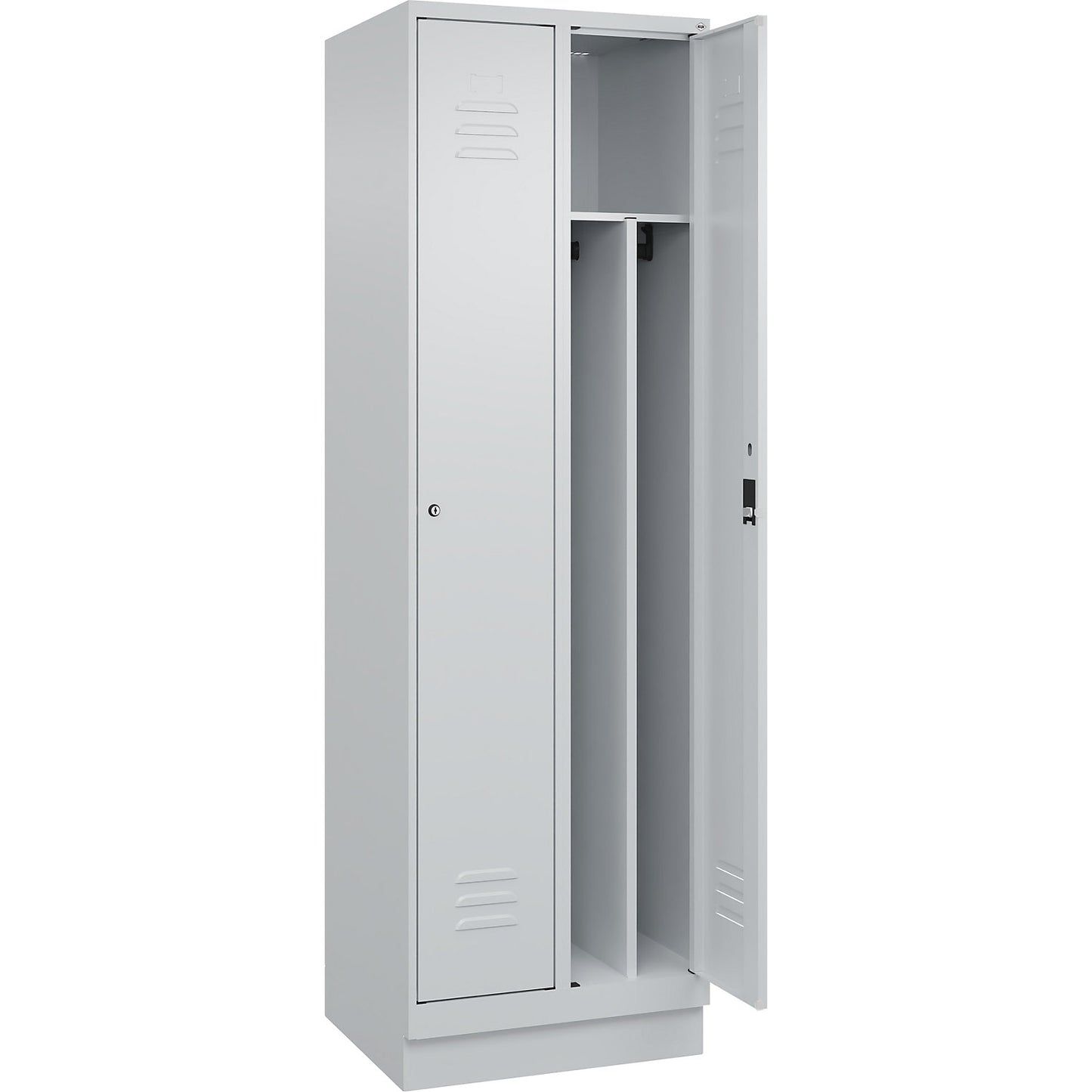 Classic PLUS clean and dirty clothes locker, narrow, 2 compartments, shortened centre divider, light grey, W 600 mm, with base plinth, cylinder lock, centre partition.