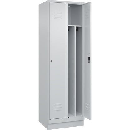Classic PLUS clean and dirty clothes locker, narrow, 2 compartments, shortened centre divider, light grey, W 600 mm, with base plinth, cylinder lock, centre partition.