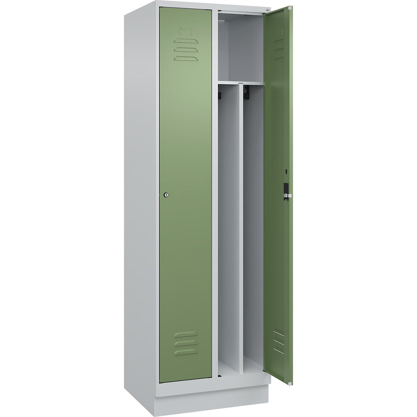 Classic PLUS clean and dirty clothes locker, narrow, 2 compartments, shortened centre divider, light grey/reseda green, W 600 mm, with base plinth, cylinder lock, centre partition.