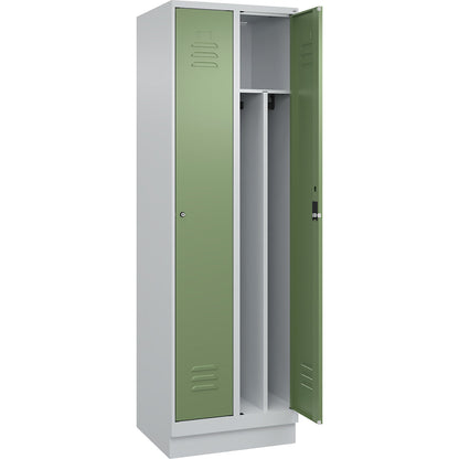 Classic PLUS clean and dirty clothes locker, narrow, 2 compartments, shortened centre divider, light grey/reseda green, W 600 mm, with base plinth, cylinder lock, centre partition.