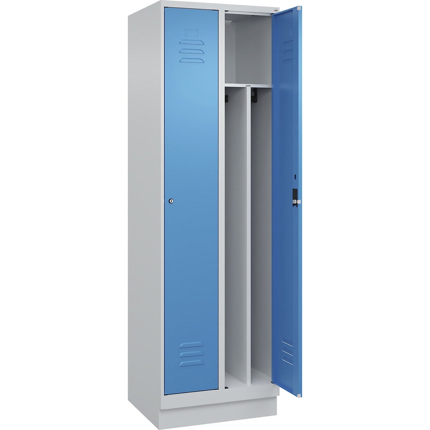 Classic PLUS clean and dirty clothes locker, narrow, 2 compartments, shortened centre divider, light grey/light blue, W 600 mm, with base plinth, cylinder lock, centre partition.
