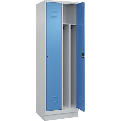 Classic PLUS clean and dirty clothes locker, narrow, 2 compartments, shortened centre divider, light grey/light blue, W 600 mm, with base plinth, cylinder lock, centre partition.