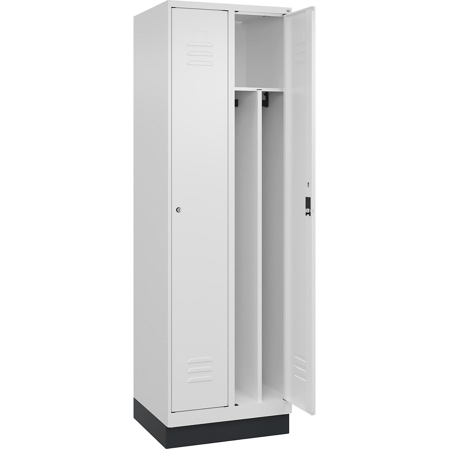 Classic PLUS clean and dirty clothes locker, narrow, 2 compartments, shortened centre divider, traffic white, W 600 mm, with base plinth, cylinder lock, centre partition.
